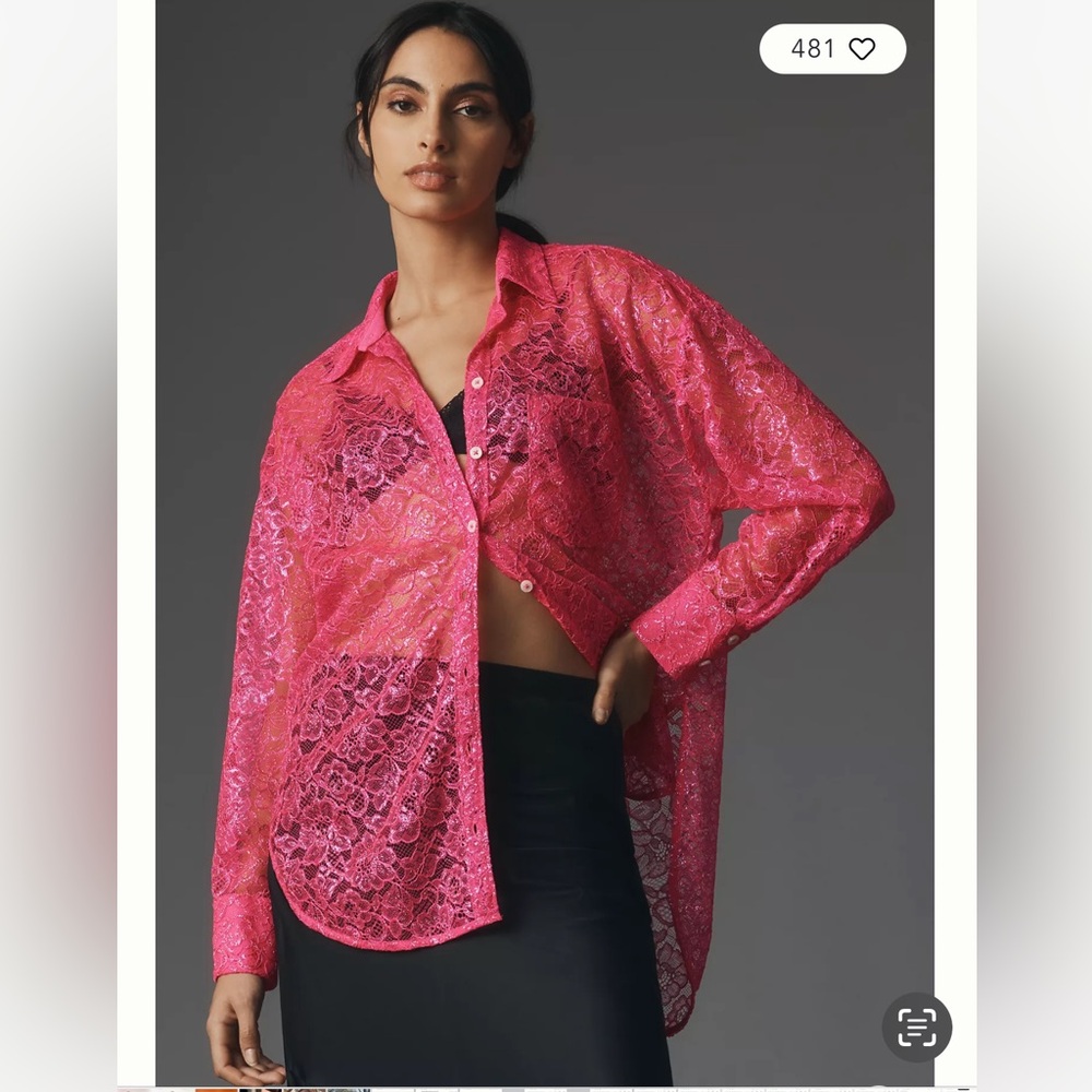 NWT Anthropologie Sheer Metallic Lace Long-Sleeve Shirt in XS.